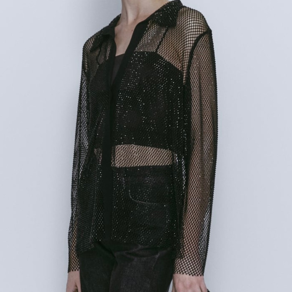 Beaded Mesh Shirt, Black
